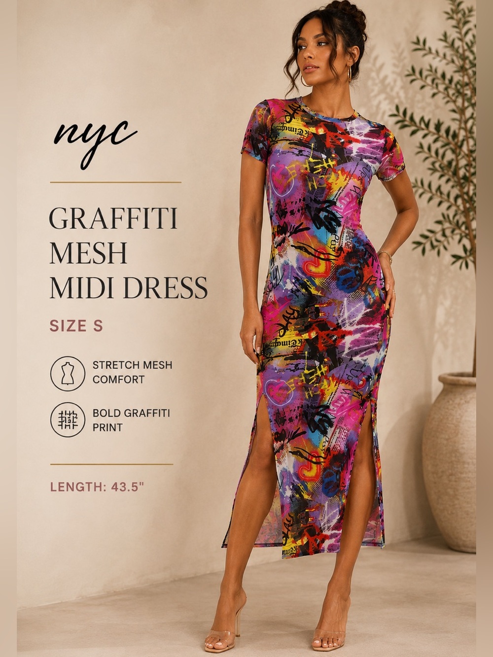 NYC Graffiti Mesh Midi Dress Size S Sheer Stretch Double Slit